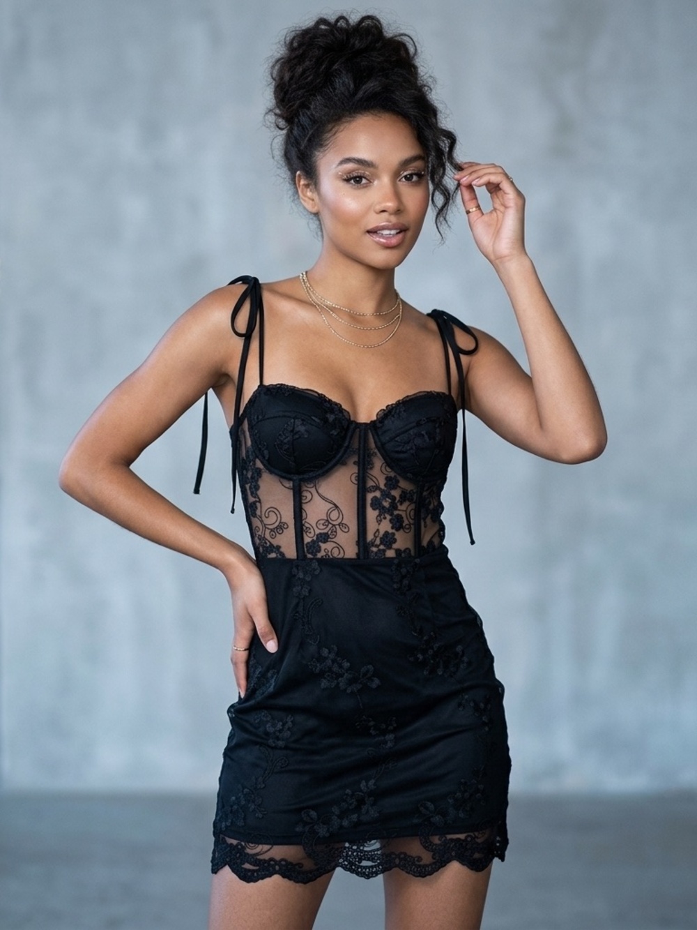 Lucy In The Sky Black Lace Mini Dress Corset Bodycon Sz S Party Goth Vamp